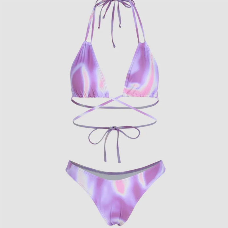 3-Piece Lavender Swirl Bikini Set with Wrap Skirt & Criss-Cross Straps – HuesLife Swimwear - alternate view 4