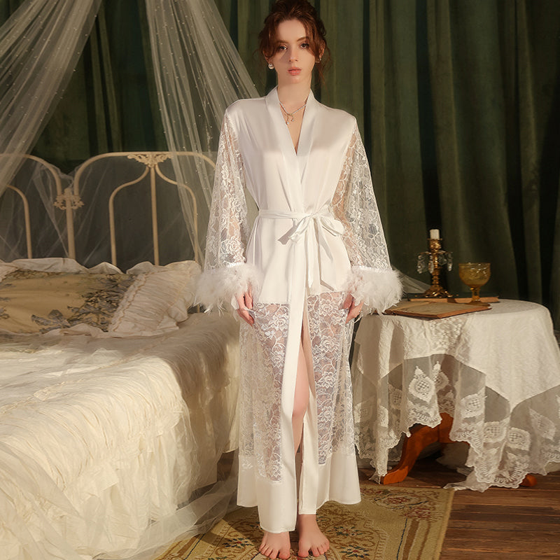 Luxury White Lace Bridal Robe with Feather Trim – Long Sheer Wedding Getting Ready Robe