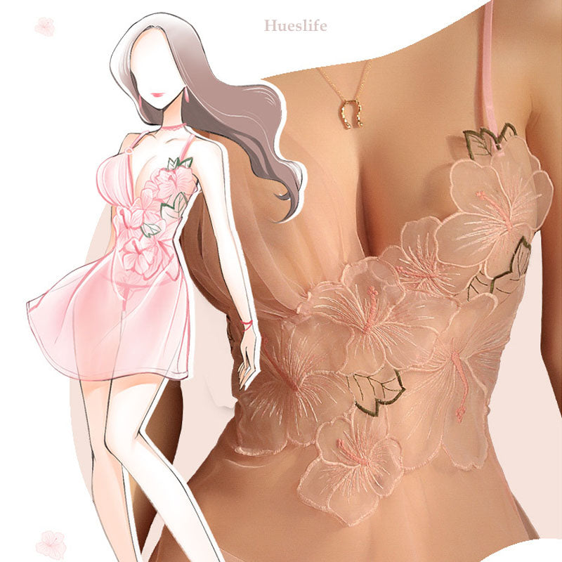 Pink embroidered lingerie nightdress design details