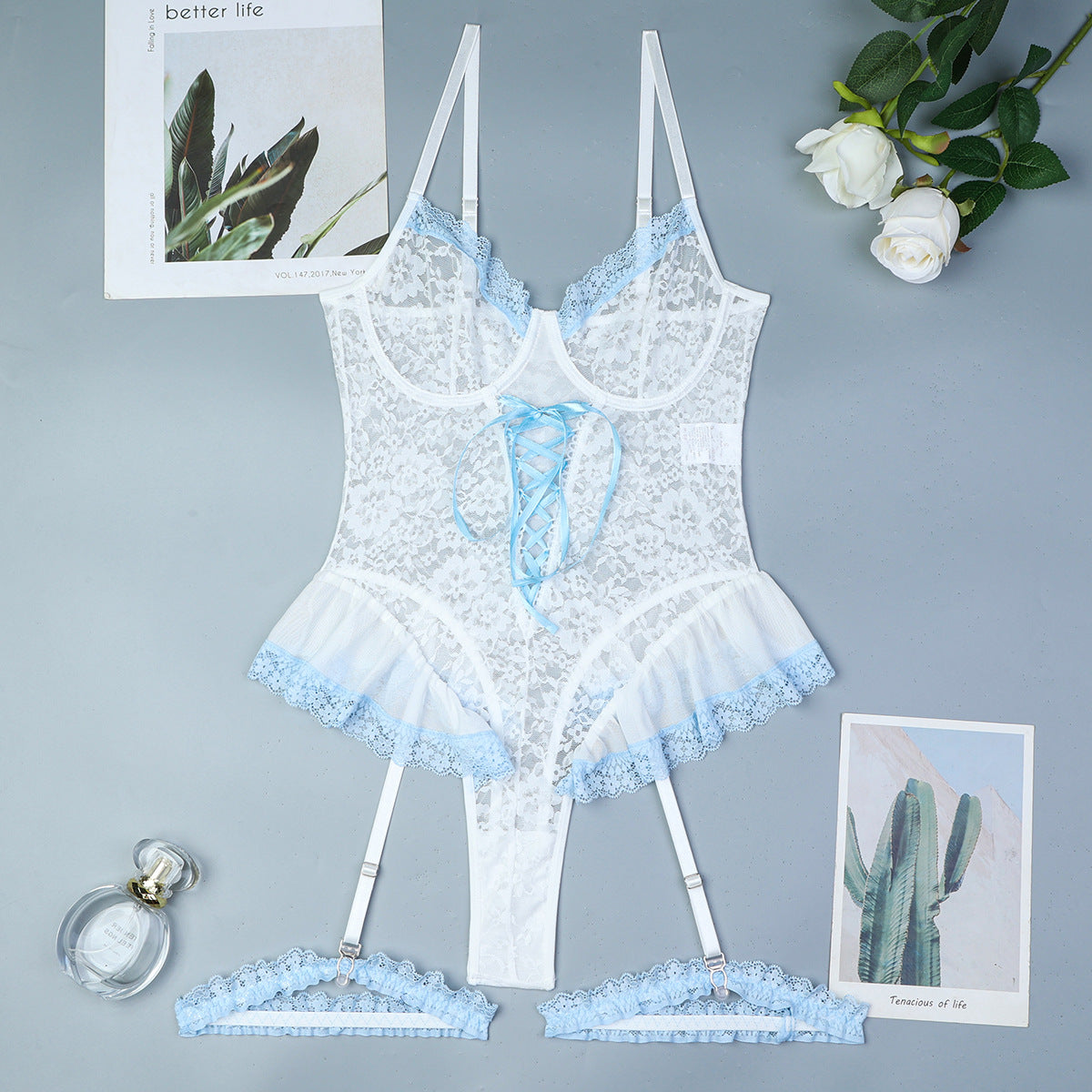 White and Blue Lace Bodysuit with Sheer Dress Overlay