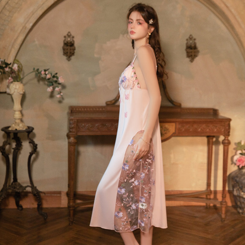 French Embroidered Satin Mesh Nightdress – Romantic Bridal Sleepwear