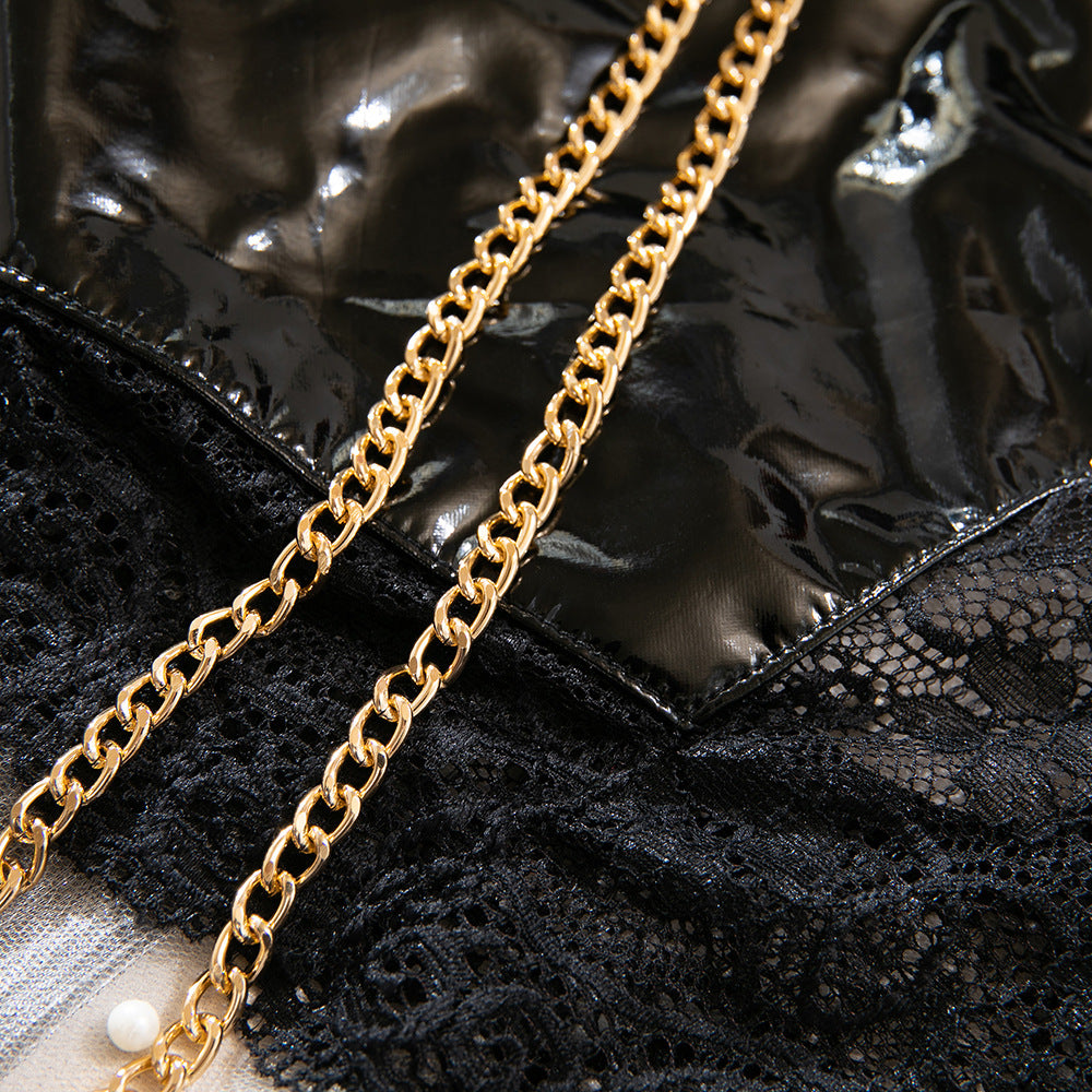 Halter Lace Bodysuit with Chain & Wrist Cuffs – Sexy Faux Leather Teddy