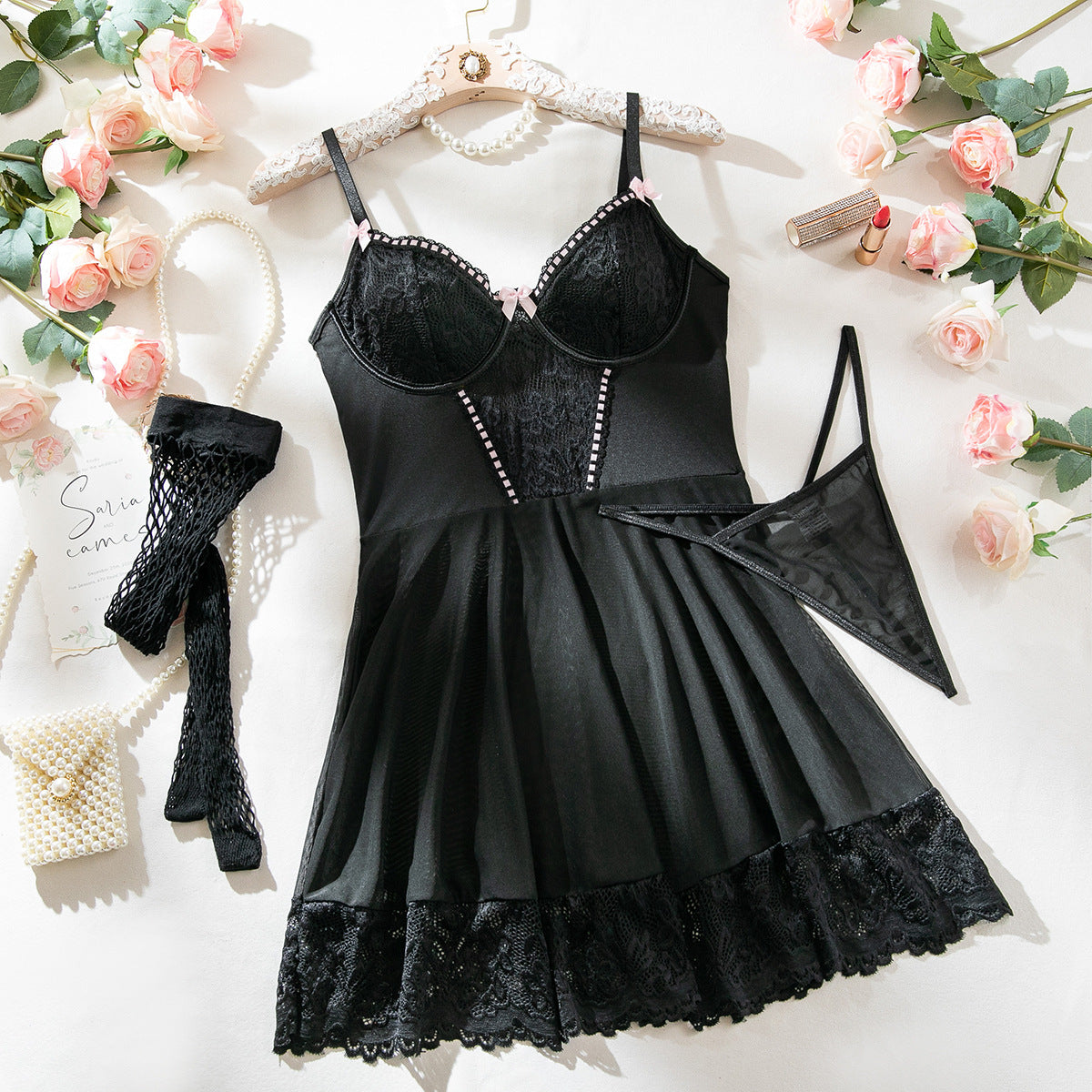 Babydoll lingerie set featuring mesh