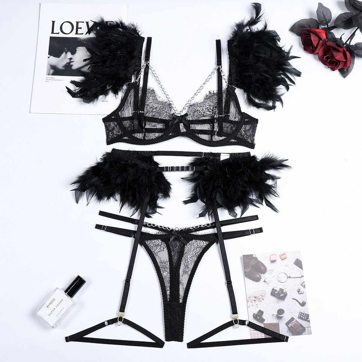 Three-piece lingerie set with harness design