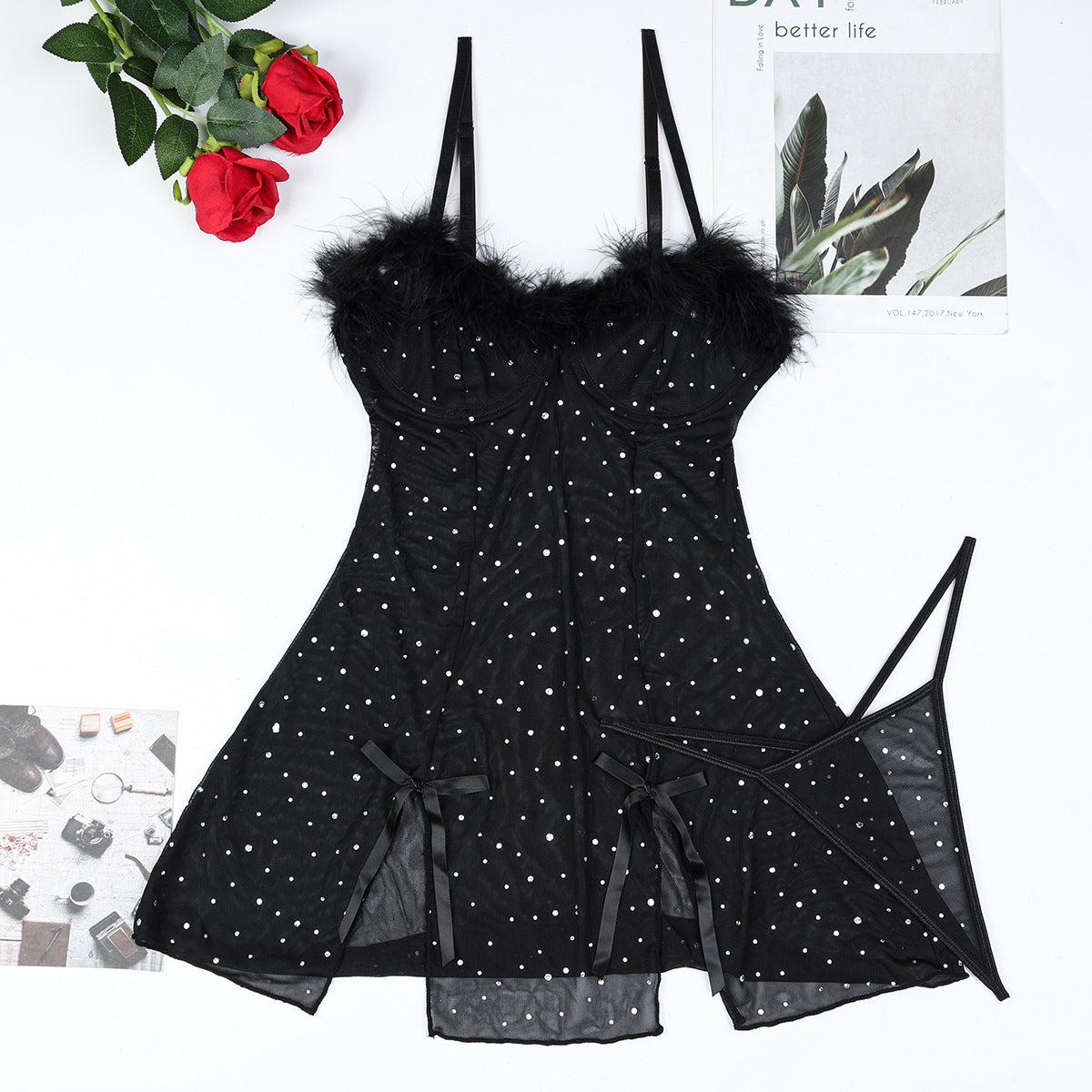 Sheer Mesh Cut-Out Babydoll Lingerie Dress with Rhinestones Feather