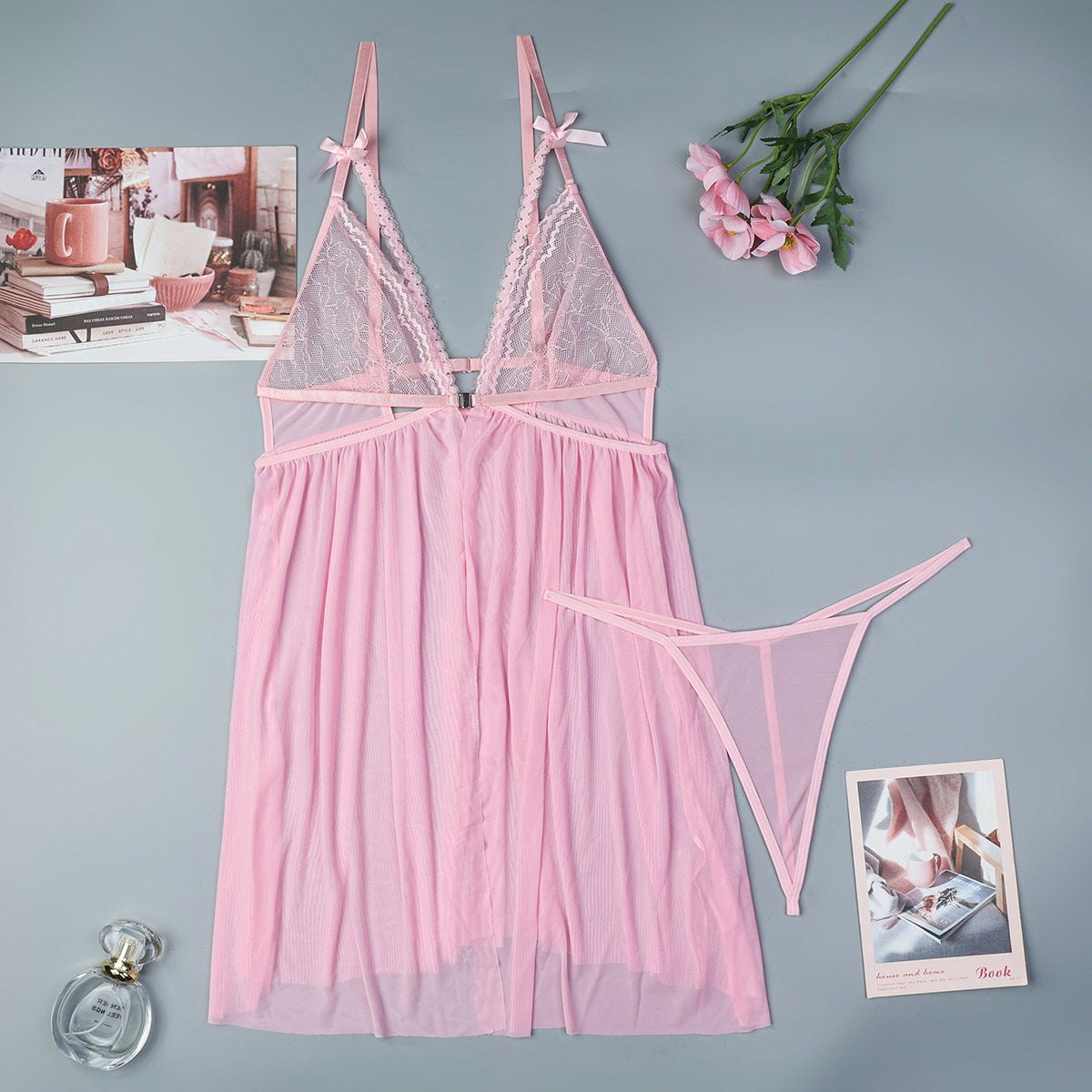 Sheer Tulle Babydoll Spaghetti cute Lingerie Set