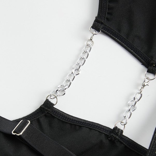 Plus Size Black Faux Leather Cutout Bodysuit with Mesh & Chains