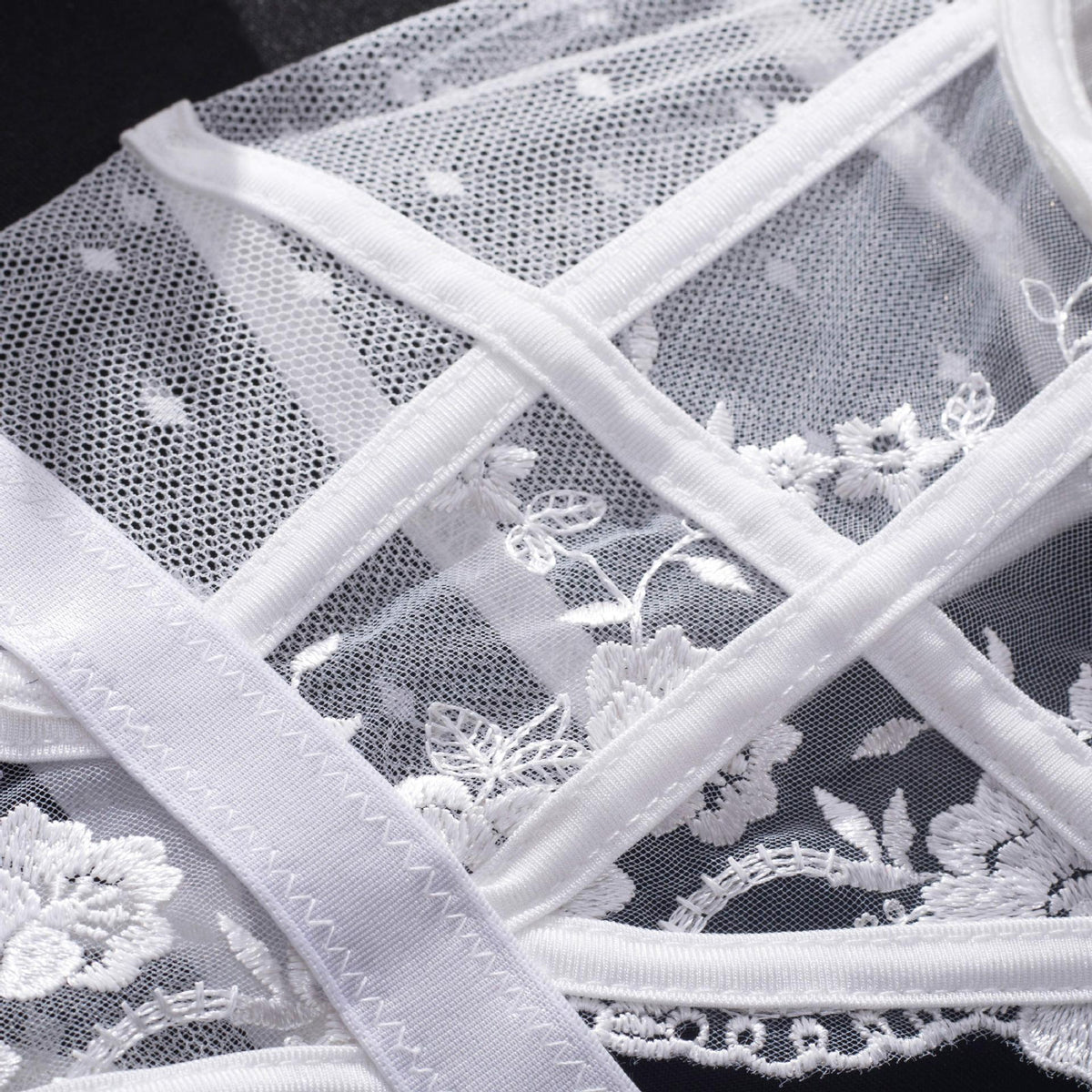 Embroidered Mesh Bodysuit Lingerie – Sheer One-Piece with Strappy Details in White & Blue