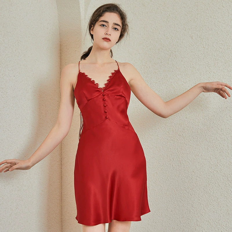 Red mulberry silk nightdress front view