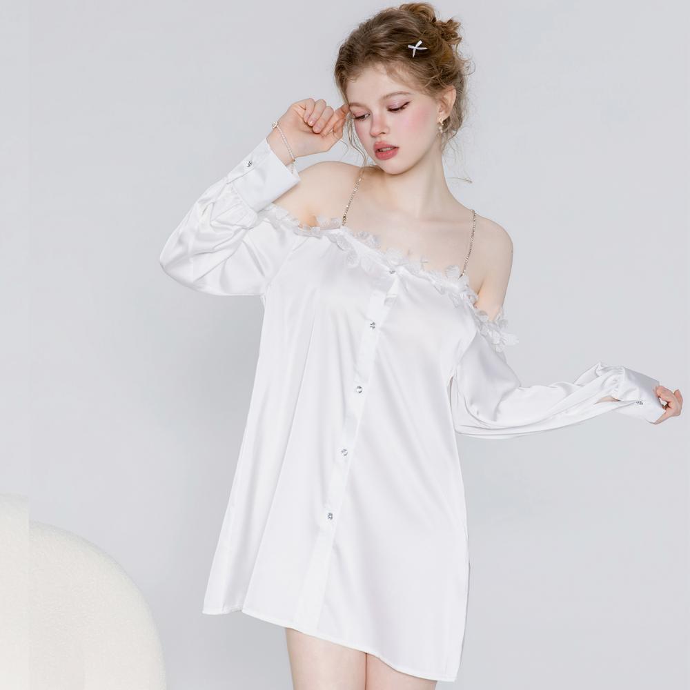 White Off-Shoulder Shirt Nightgown with 3D Floral Appliqué
