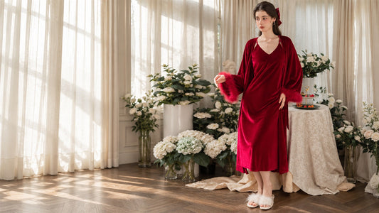 Fall winter lingerie and sleepwear trend featuring a red velvet nightgown and robe
