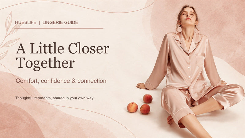 A Little Closer Together blog cover with a Hueslife model in pink long-sleeve pajamas