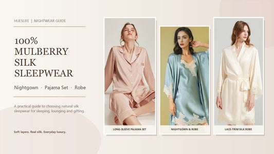 Mulberry silk sleepwear guide featuring pajama set, nightgown and robe
