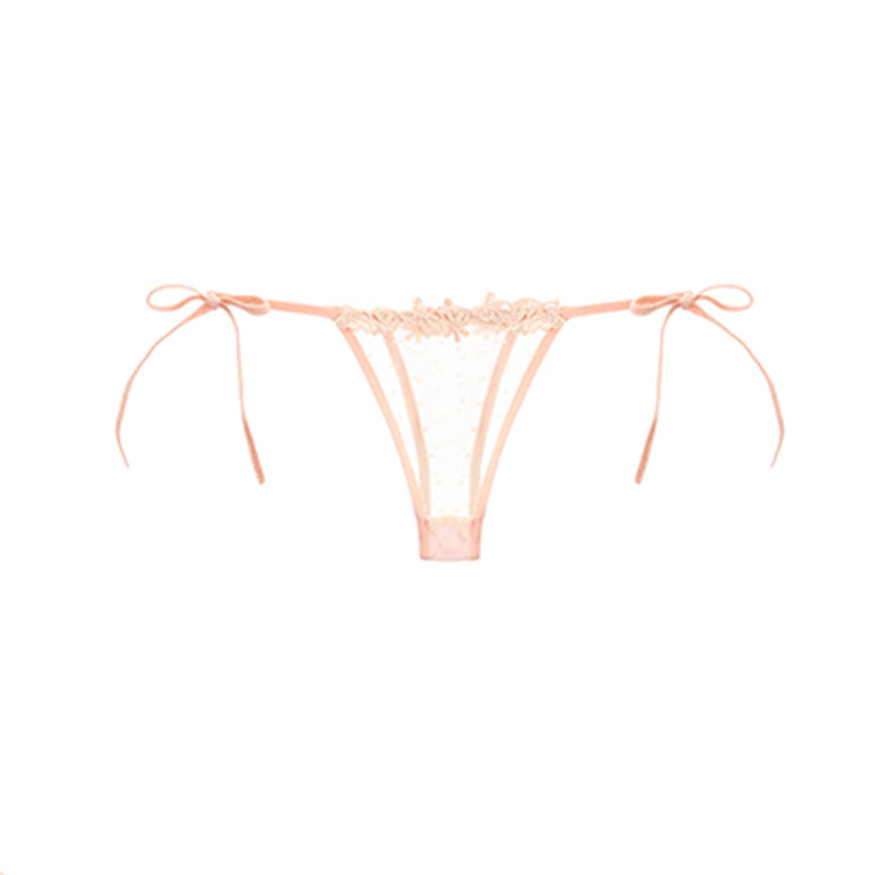 Orange lace tie-side thong with intricate lace detailing and adjustable tie sides.