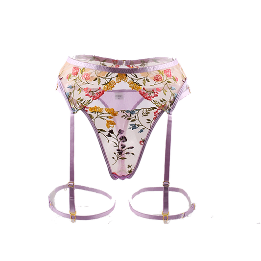 Floral Embroidered Lace Thong with Garter Straps