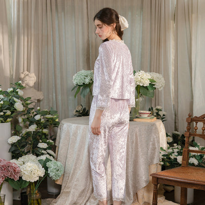 Floral Velvet 3-Piece Pajama Set with Lace Trim