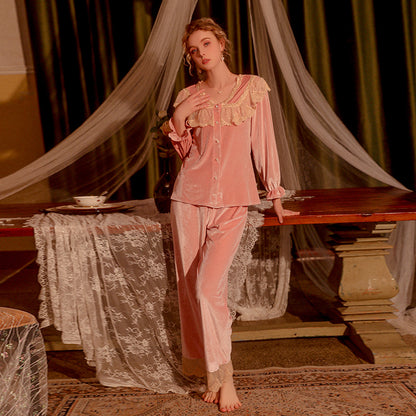 Pink Velvet Pajama Set with Lace Ruffles