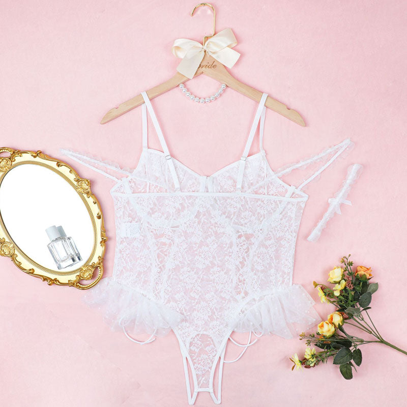 Plus Size Crotchless Lace Lingerie Bodysuit – Sheer Mesh One-Piece with Bows & Ruffle Trim