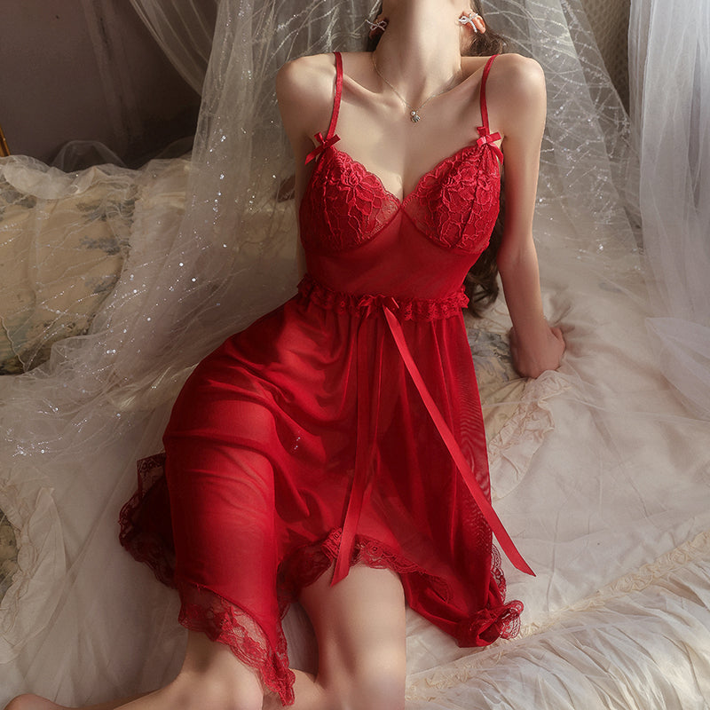 Sexy Deep V Lace Lingerie Nightdress Set for Women – Sheer Babydoll with Thong, 3 Colors