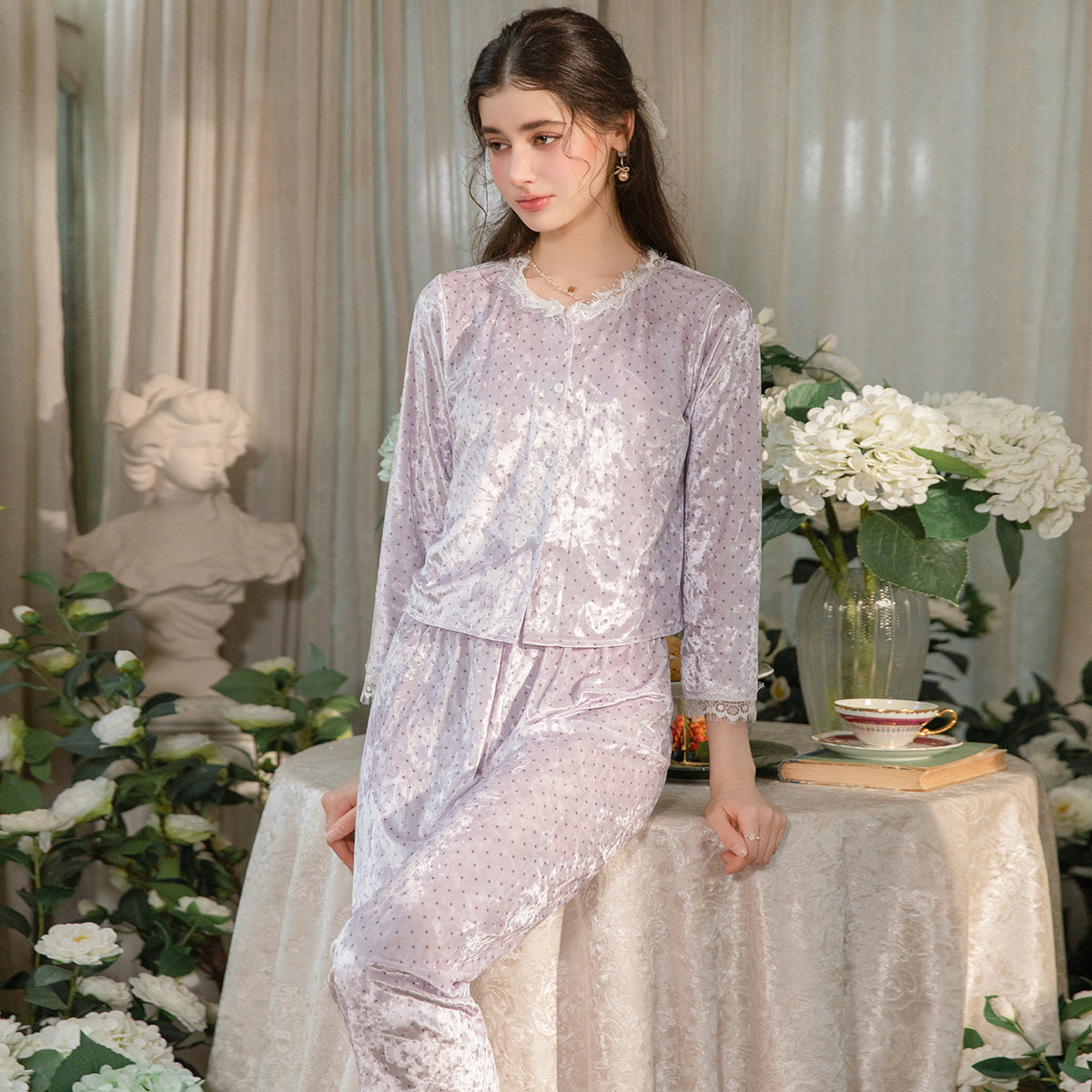 Floral Velvet 3-Piece Pajama Set with Lace Trim