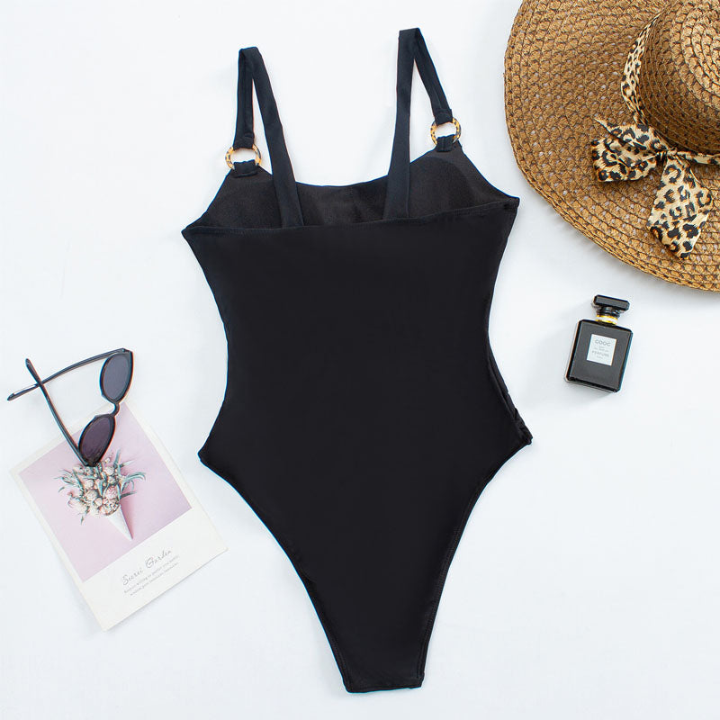 Cut-Out One-Piece Swimsuit – Sleek Minimalist Design with Metal Ring Accents