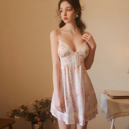 Floral Lace Trim Nightdress – Romantic Pink Slip Sleep Dress