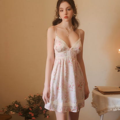 Floral Lace Trim Nightdress – Romantic Pink Slip Sleep Dress