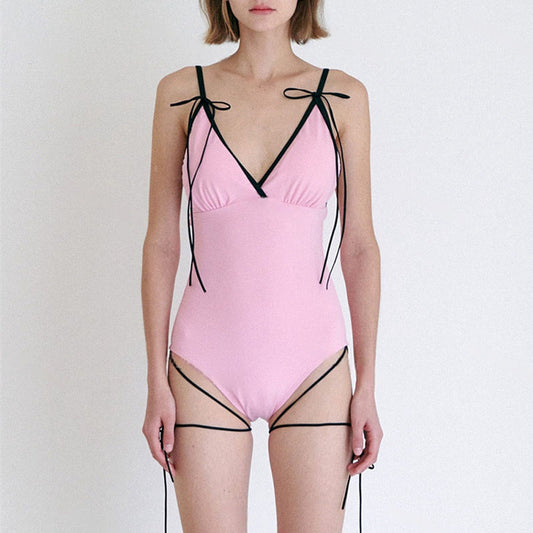 Sweety-Inspired Bow Tie One-Piece Swimsuit – Soft Pink Minimalist Beachwear