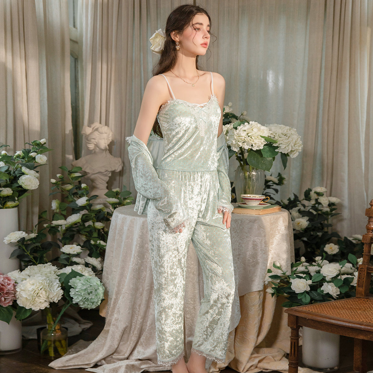Floral Velvet 3-Piece Pajama Set with Lace Trim