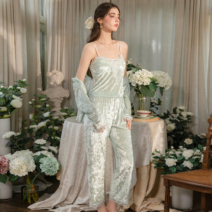 Floral Velvet 3-Piece Pajama Set with Lace Trim