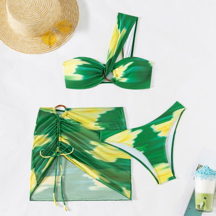 Vibrant 3-Piece Mesh Bikini Set – Strapless Bandeau, High-Waisted Bottom, and Sheer Cover-Up