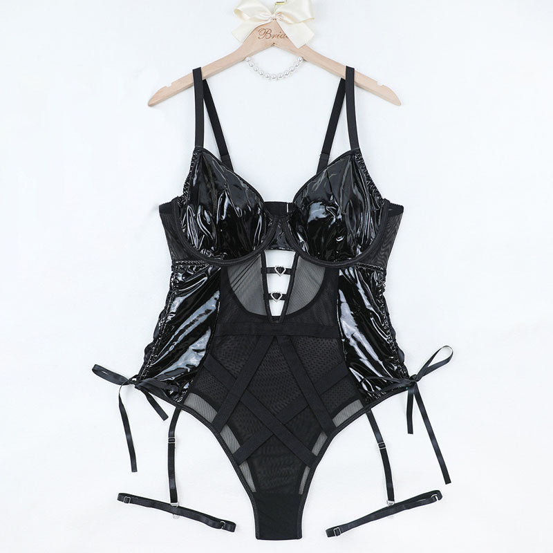 Plus Size Black Sheer Mesh & Faux Leather Lingerie Bodysuit – Strappy One-Piece for Curvy Women