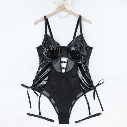 Plus Size Black Sheer Mesh & Faux Leather Lingerie Bodysuit – Strappy One-Piece for Curvy Women