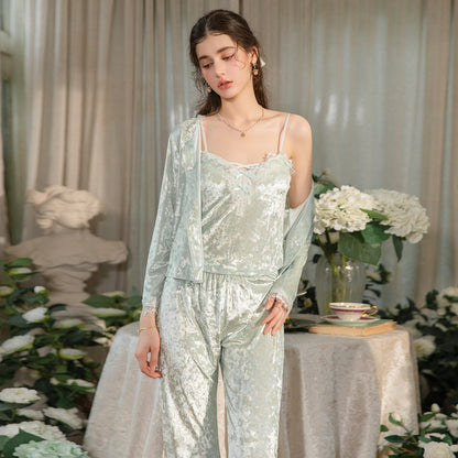Floral Velvet 3-Piece Pajama Set with Lace Trim