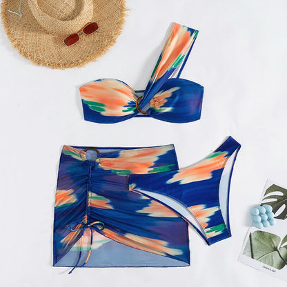 Vibrant 3-Piece Mesh Bikini Set – Strapless Bandeau, High-Waisted Bottom, and Sheer Cover-Up