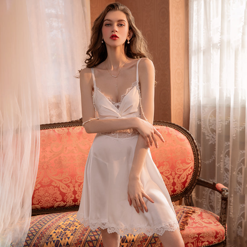 Ice Silk Satin Nightgown - Luxurious Summer Sleepwear with Lace & Back Bow Details
