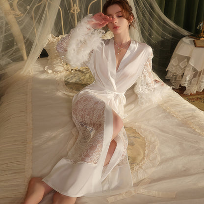 Luxury White Lace Bridal Robe with Feather Trim – Long Sheer Wedding Getting Ready Robe