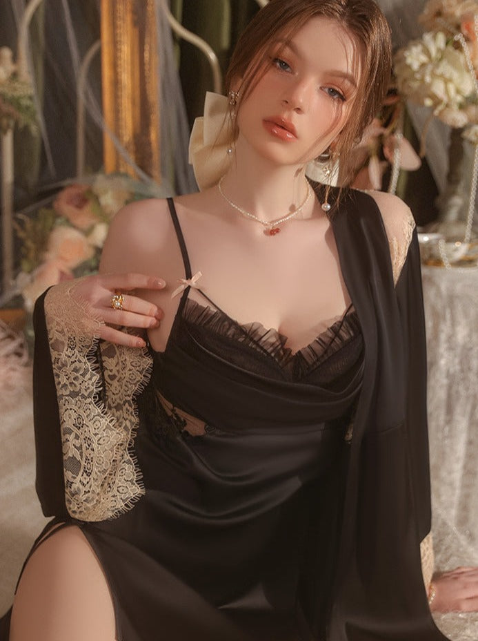 Elegant woman wearing a black silk nightgown with intricate lace trim, posing gracefully in a luxurious and romantic setting.