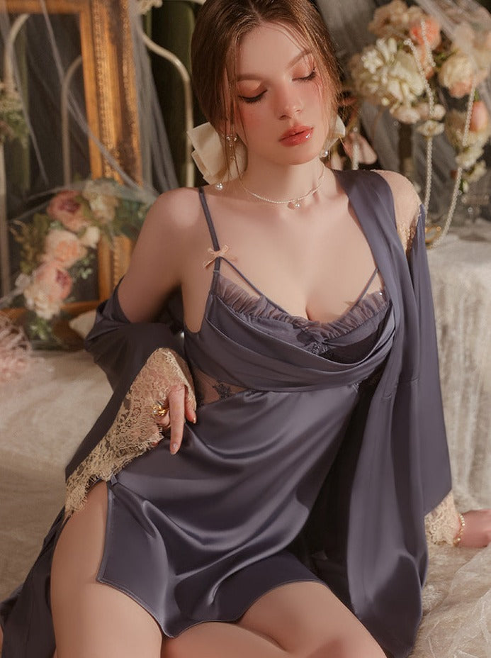 Elegant woman wearing a dark purple silk nightgown with delicate lace trim, posing gracefully in a luxurious and romantic setting.