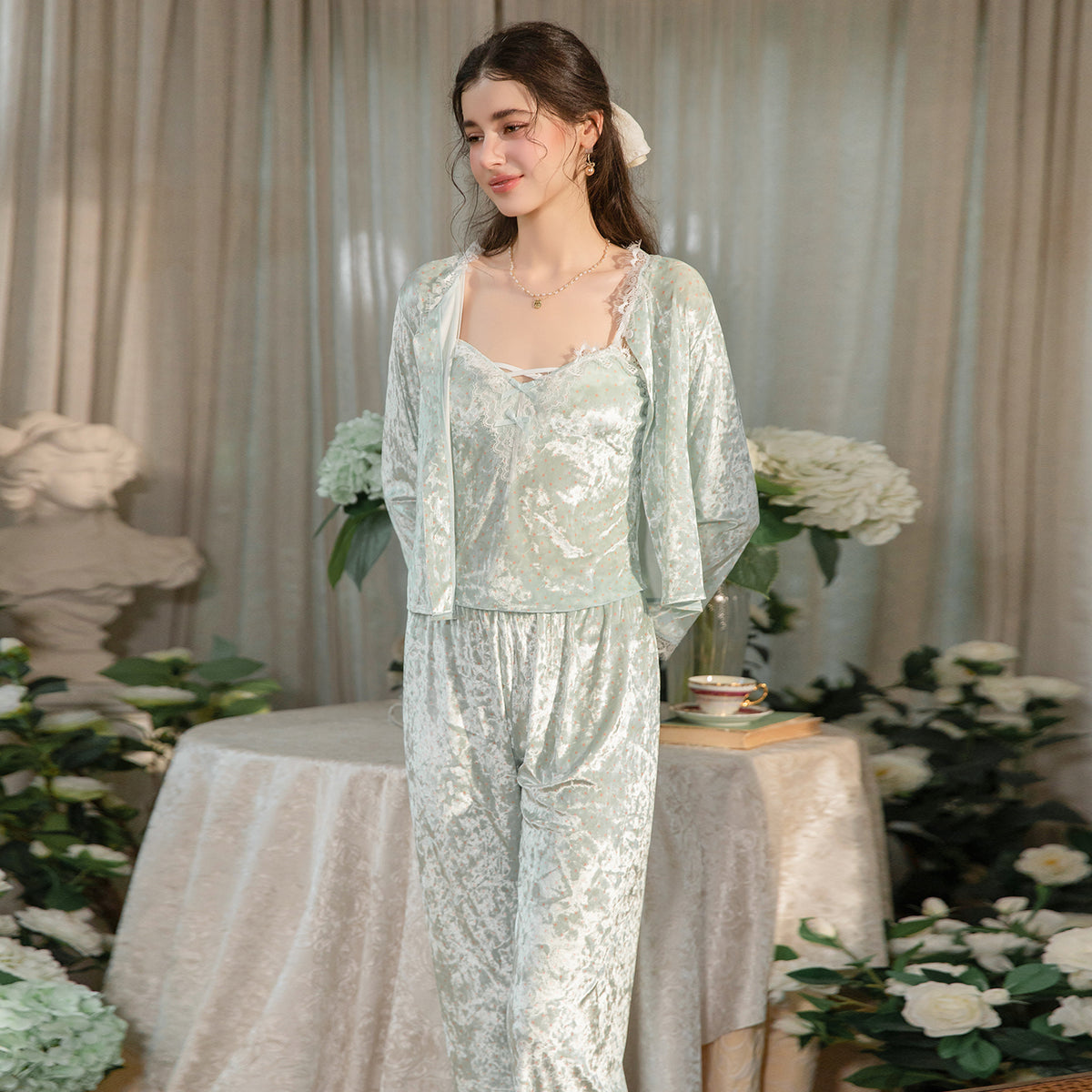 Floral Velvet 3-Piece Pajama Set with Lace Trim