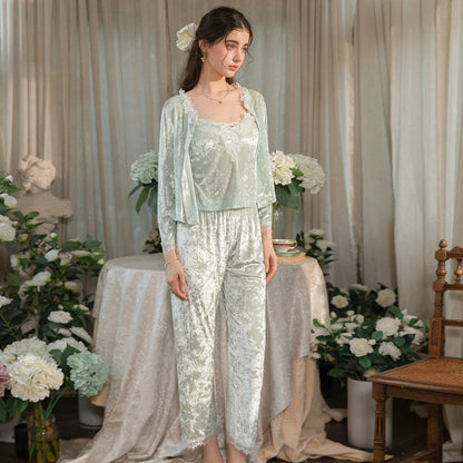 Floral Velvet 3-Piece Pajama Set with Lace Trim