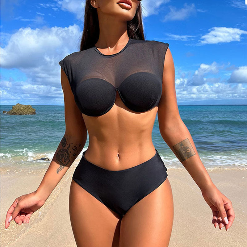 Bold Black Mesh Bikini Cover-Up - Sexy Two-Piece Beachwear for Summer