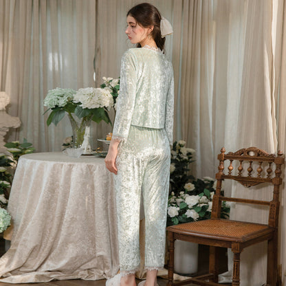 Floral Velvet 3-Piece Pajama Set with Lace Trim