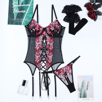 Lace accents on three-piece lingerie set