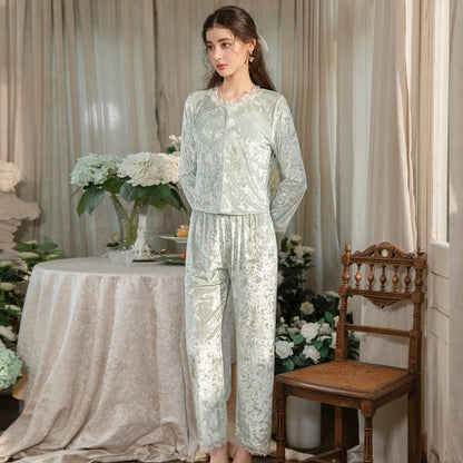 Floral Velvet 3-Piece Pajama Set with Lace Trim