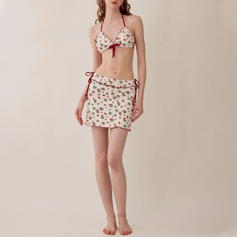 Cherry Print Bikini Set with Skirt – 3PC Sweet Girl Style Swimsuit