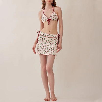 Cherry Print Bikini Set with Skirt – 3PC Sweet Girl Style Swimsuit