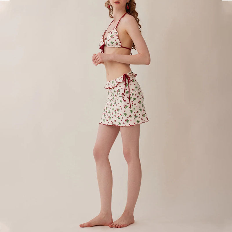 Cherry Print Bikini Set with Skirt – 3PC Sweet Girl Style Swimsuit