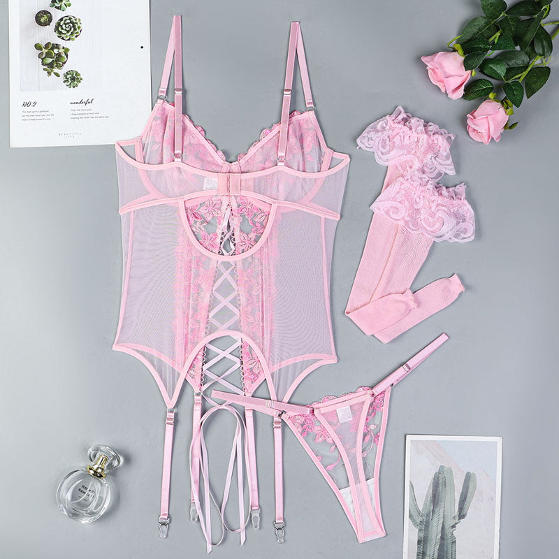 Lace accents on three-piece lingerie set