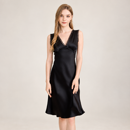 6A Mulberry Silk Nightgown with Lace Trim V-Neck